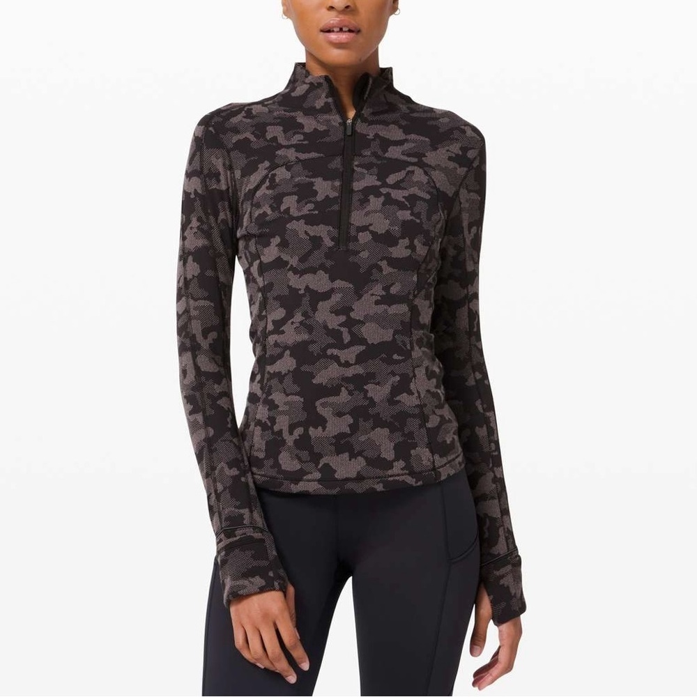 Lululemon Run Briskly 1/2 Zip Pullover Black & Grey Camo Rulu Sz 8